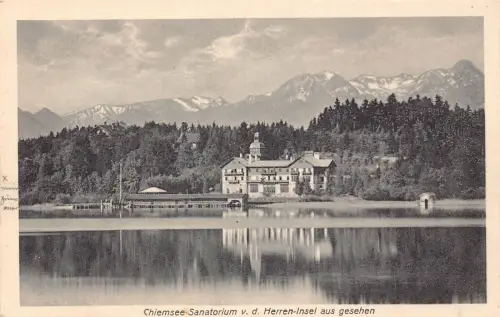 L346 Deutschland Chiemsee Sanatorium vd Herren Insel aus gesehen See Postkarte