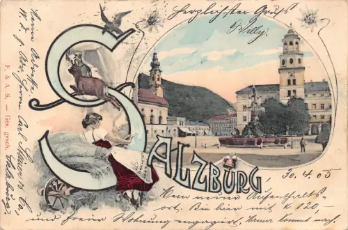 B666 Österreich 1905 Salzburg Jugendstil Dame im Heuwagen Ziegenplatz Postkarte