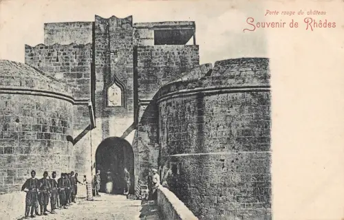 B667 Griechenland Souvenir de Rhodes Porte Rouge du chateau Vintage Postkarte