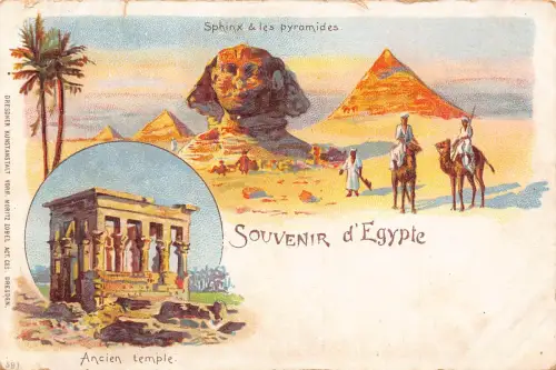 B668 Ägypten Souvenir d'Egypte Ancien Tempel Sphinx & Les Pyramides Litho Postkarte