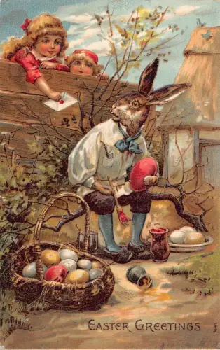 Ostergrüße vermenschlichter Hase Maler Eier Mädchen Brief 1907 Postkarte B922