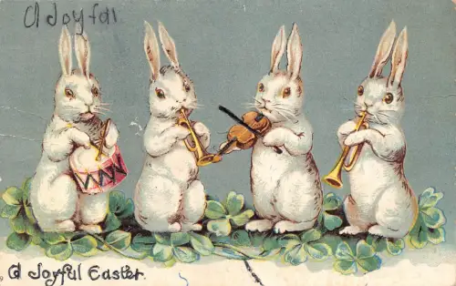 Ostern Humanisierte Hasen Violine Trompete Trommel Kleeblätter geprägt Postkarte B925