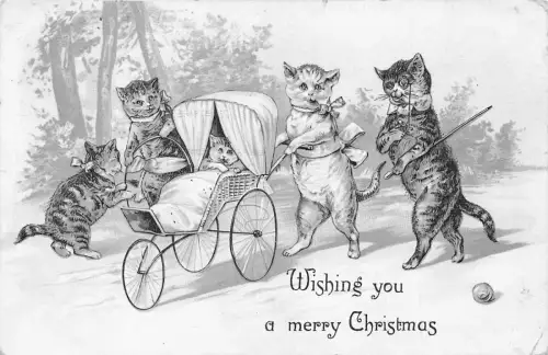 Tiere vermenschlicht Katzen Familie Spaziergang Kätzchen Krippe 1907 geprägte Postkarte B925