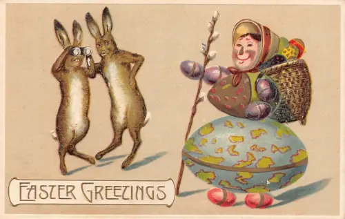 Ostergrüße vermenschlichte Hasen Fernglas Ei Puppe geprägte Postkarte B924
