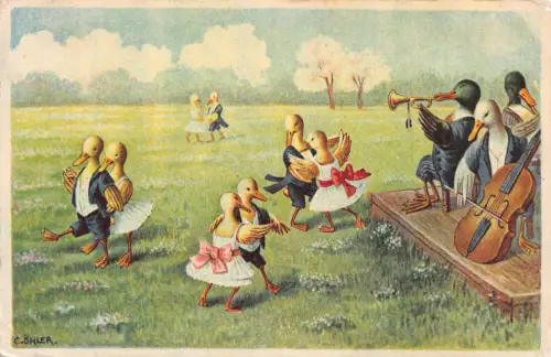 Fantasy Humanisierte Entenküken Paar Tanz Enten Cello Trompete 1932 Postkarte B926