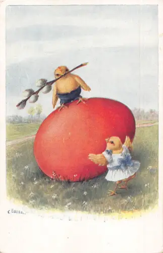 Ostergrüße vermenschlichtes Küken Mädchen Junge Ei Muschi Willow Oehler Postkarte B923