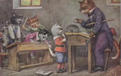 Neuheit Quietschen vermenschlichte Katzen in der Schule Maus im Käfig Vintage Postkarte B925