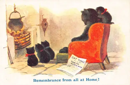 Fantasy Humanisierte Katze Kätzchen Familie in der Nähe von Kamin Zeitung Postkarte B926