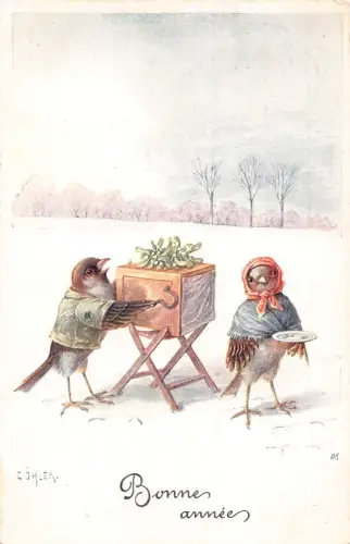 Neujahr 1913 Singvögel vermenschlichtes Paar Mistel Schnee C Oehler Postkarte B923
