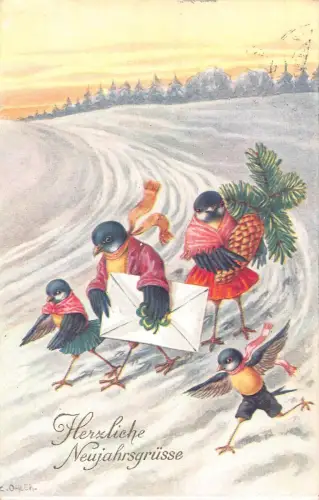 Neujahr 1928 Schwalbenvögel vermenschlichtes Kleeblatt Kiefernzapfen Schnee Postkarte B922