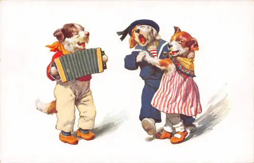 Musik Humanisierte Hunde Akkordeonspieler Matrosenpaar Anthropomorphe Postkarte B926
