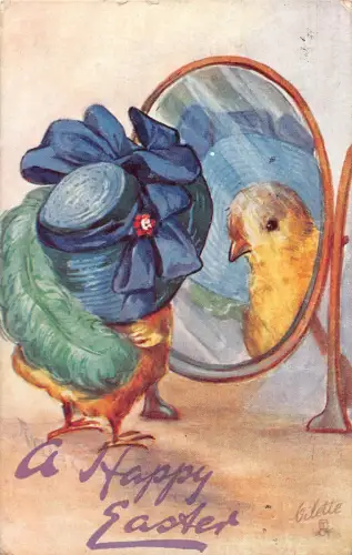 Ostergrüße vermenschlichtes Küken mit riesigem Hutspiegel 1914 Postkarte B922