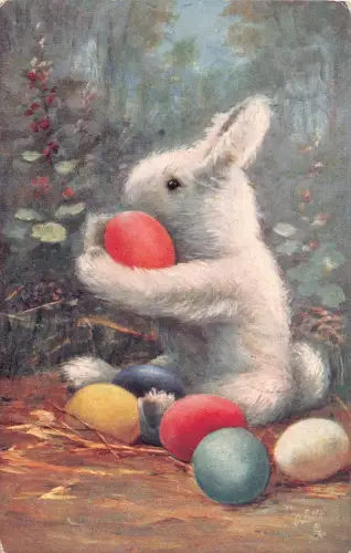 Ostergrüße vermenschlichtes Kaninchen hält bunte Eier Wald 1909 Postkarte B924