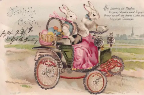 Ostergruß 1901 Neuheit Glitzer vermenschlichte Hasen im Auto Postkarte B925