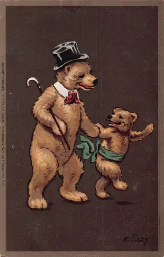 Tiere anthropomorphe vermenschlichte Braunbären Vater Sohn Kunst Postkarte B922
