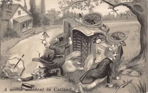 Fantasy 1905 Verkehrsunfall in Catland Autounfall Humanisierte Katzen Postkarte B924
