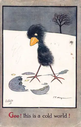 Tiere vermenschlichter Vogel kommt aus Ei Schnee Kunst FE Morgan 1938 Postkarte B924