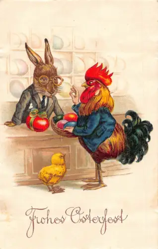 Ostergrüße vermenschlichtes Huhn Henne Kauf Eier Kaninchen Verkäufer Postkarte B923