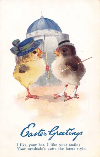 Ostergrüße Humanisierte Küken Dame und Herr Regenschirm Postkarte B923