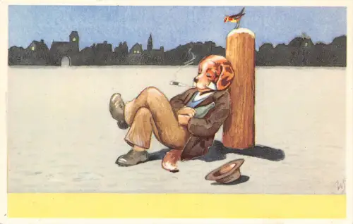 Fantasy Humanisierter Hund am Strand Rauchen Zigarette Kunst Postkarte B926