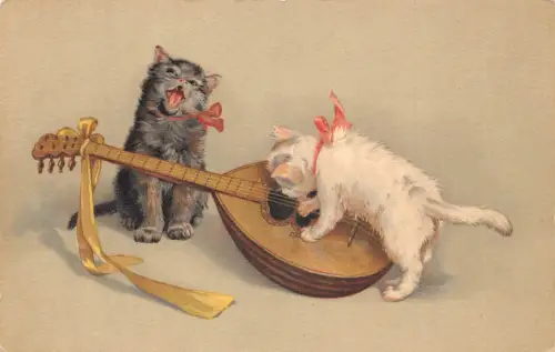 Fantasy Humanisierte Katze Kätzchen spielen Mandoline singen Musik Postkarte B926