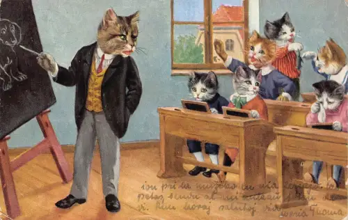 Fantasy 1929 Humanisierte Katzen Kätzchen in der Schule anthropomorphe Postkarte B925