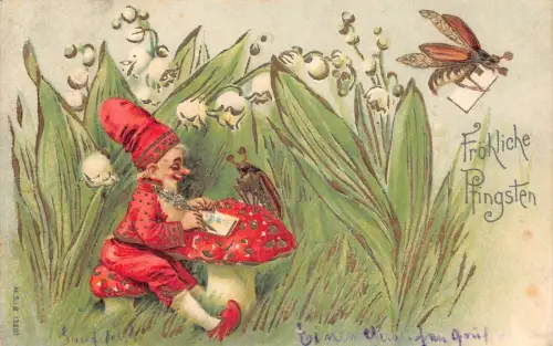 L220 Pfingstgrüße 1903 Zwerg Pilz Insekten Brief Fantasie Postkarte