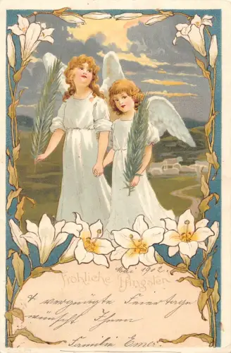 L220 Pfingstgrüße 1902 Engel Blumen Jugendstil Fantasie Postkarte