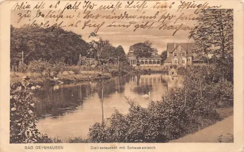 L264 Deutschland 1937 Bad Oeynhausen Sielrestaurant mit Schwanenteich Schwäne Postkarte