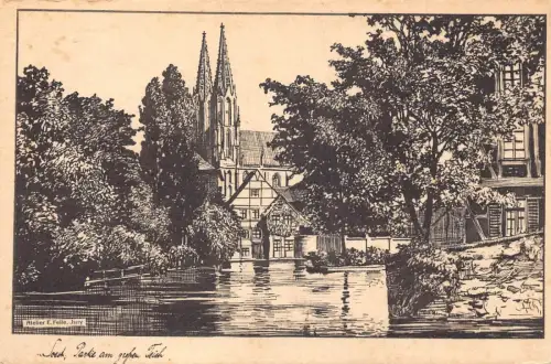 L344 Deutschland Soest, Partie Teich Kirche Vintage Postkarte