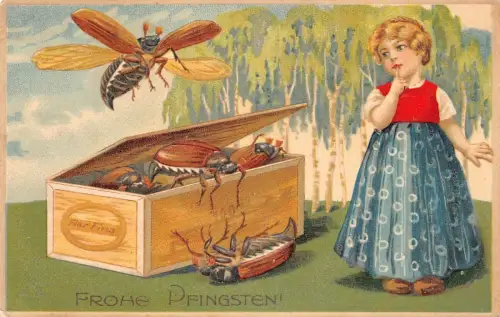 L220 Pfingstgrüße 1911 Mädchen Insekten geprägt Fantasie Postkarte