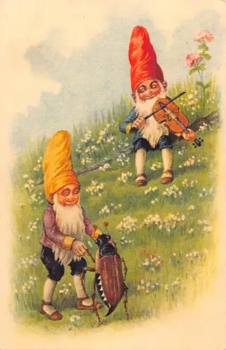 L220 Zwerge tanzendes Insekt spielt Geige Blumen 1934 Fantasy Postkarte