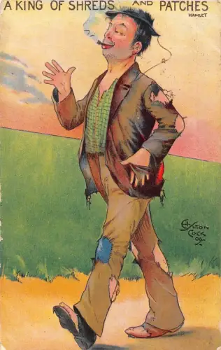 L028 Ein König der Fetzen und Aufnäher Hamlet 1908 Humor britische Vintage Postkarte