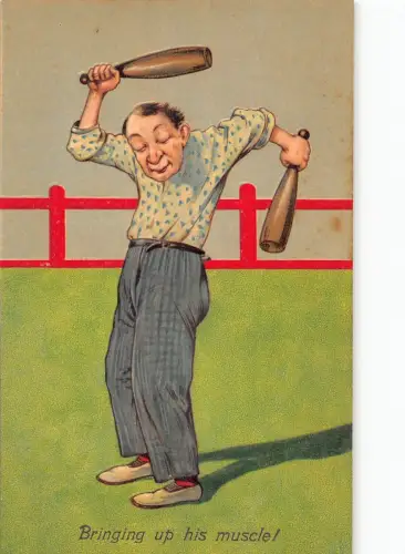 L028 Bringing up his muscle humor british embossed vintage postcard