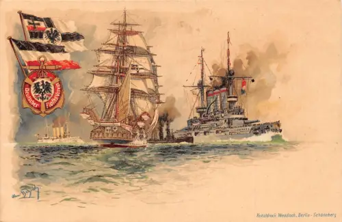 L408 Deutschland Kriegsschiffe Flotte Chromolitho Werbung Oetker Vintage Postkarte