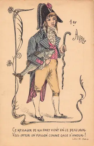 L078 Frankreich Narrentag 1. April Fisch Humor Fantasy Vintage Postkarte