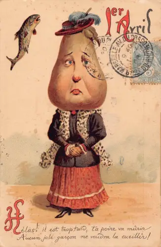 L078 Frankreich 1908 Narrentag 1. April Fisch Großkopf Dame Fantasy Postkarte