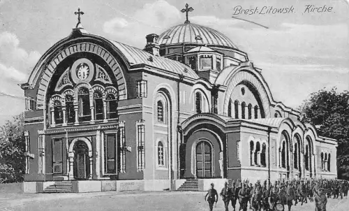 L001 Weißrussland 1916 Brest-Litowsk Kirche Truppen Feldpost Vintage Postkarte