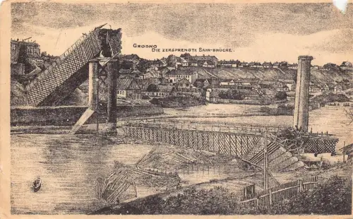 L001 Weißrussland 1915 Grodno zerstörte Eisenbahnbrücke Feldpost alte Postkarte