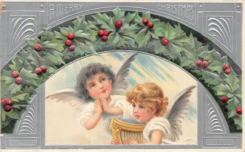 L221 Weihnachtsgrüße 1909 Cherubs spielen Harfe heiliger Baum geprägte Postkarte