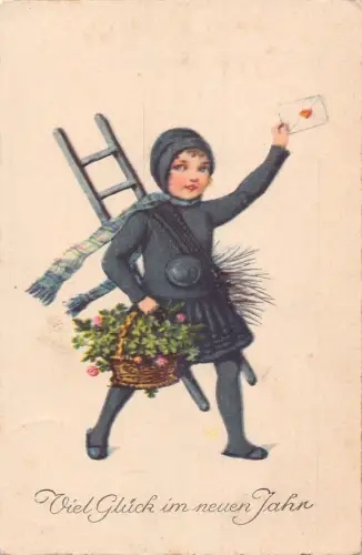L078 Happy New Year Schornsteinfeger Blumenkorb Fantasy Postkarte