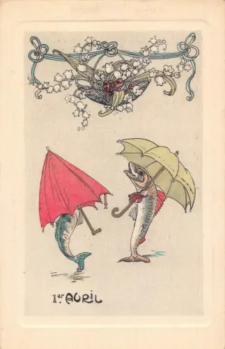 L078 Narrentag 1. April Fisch anthropomorpher Regenschirm Fantasy Vintage Postkarte