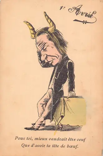 L078 Narrentag 1. April Mann Hörner Humor Karikatur Vintage Postkarte