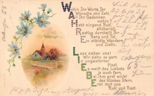 Liebesgedicht 1904 Blumen Passepartout Dorf Landschaft Vintage Postkarte