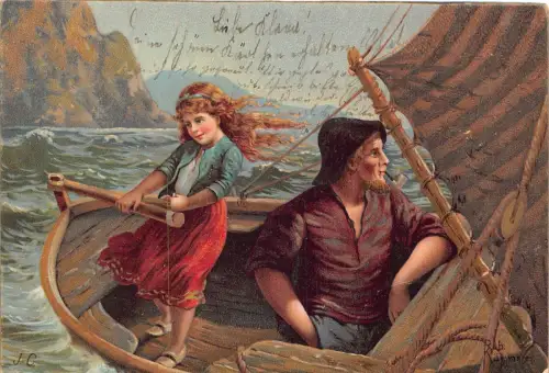 Mädchen segelt ein Boot, Vater raucht Pfeife Kunst signiert JC 1904 Vintage Postkarte