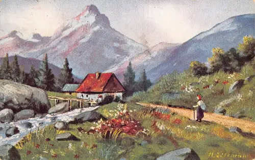Landschaft 1930 Ferienhaus in Bergen in der Nähe von Wald und Fluss Bergsteiger Postkarte