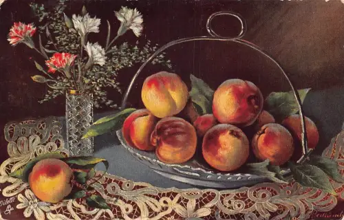 Kunst 1913 Früchte Stillleben Aprikosen Nelke Blumen in Vase Spitze Postkarte