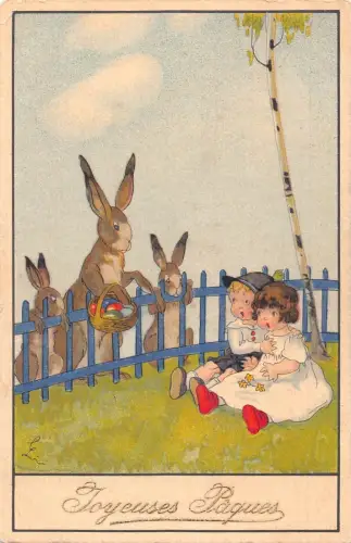 L078 Frankreich Frohe Ostern Hasen Eier Kinder signiert Fantasy Postkarte