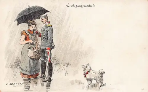 C Becker gezeichneter Soldat hält Regenschirm Frau Korb Hund Enrilo Kaffee Adv Postkarte