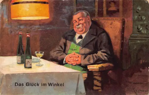 Glück dicker Mann raucht Zigarette trinkt Wein in Bar Vintage Postkarte